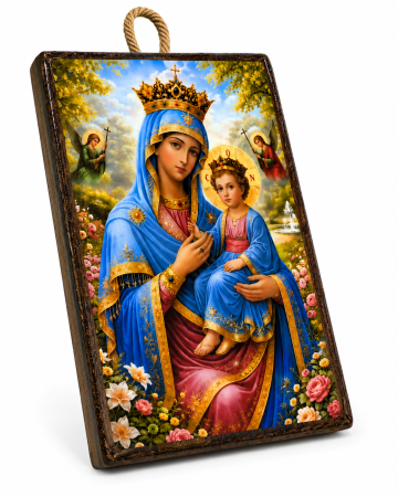 Icoană Maica Domnului – Împărăteasa Cerurilor, cu Pruncul Iisus, 15 x 20 cm, Litografiată și Finisată Manual pe Lemn, Hand Made [1]