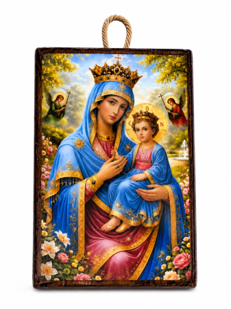 Icoană Maica Domnului – Împărăteasa Cerurilor, cu Pruncul Iisus, 15 x 20 cm, Litografiată și Finisată Manual pe Lemn, Hand Made [3]