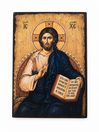 Icoane Iisus Hristos - Icoană Hristos Pantocrator pe Lemn, Litografiată și Finisată Manual, 15 x 20 cm
