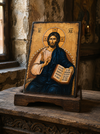 Icoană Hristos Pantocrator pe Lemn, Litografiată și Finisată Manual, 15 x 20 cm [4]