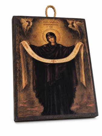 Icoane Maica Domnului - Icoană Maica Domnului Acoperământul – 15 x 20 cm, Litografiată și Finisată Manual pe Lemn, Hand Made
