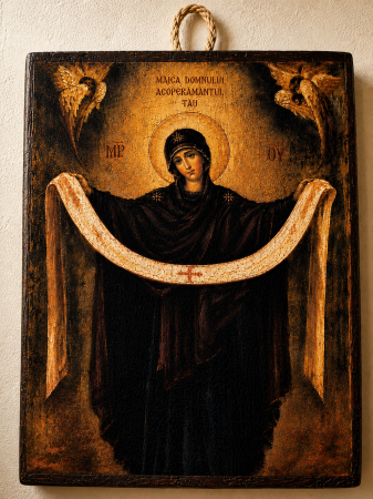 Icoană Maica Domnului Acoperământul – 15 x 20 cm, Litografiată și Finisată Manual pe Lemn, Hand Made [5]