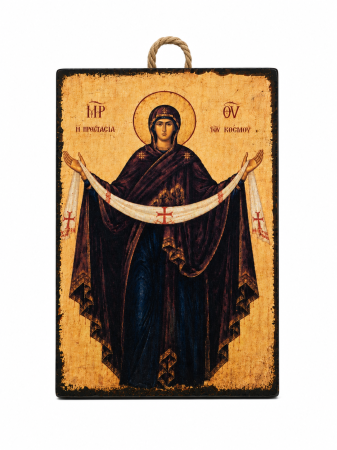 Icoane Maica Domnului - Icoană Maica Domnului „Acoperământul Maicii Domnului” – litografiată și finisată manual, HANDMADE, lemn 15 x 20 cm