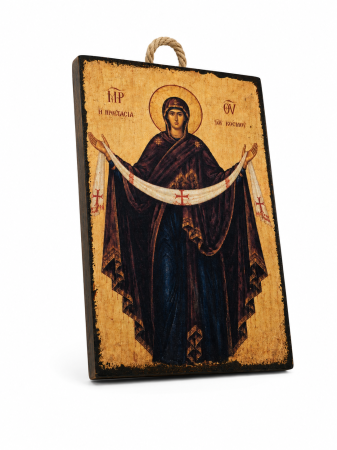 Icoană Maica Domnului „Acoperământul Maicii Domnului” – litografiată și finisată manual, HANDMADE, lemn 15 x 20 cm [1]
