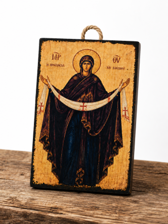 Icoană Maica Domnului „Acoperământul Maicii Domnului” – litografiată și finisată manual, HANDMADE, lemn 15 x 20 cm [4]