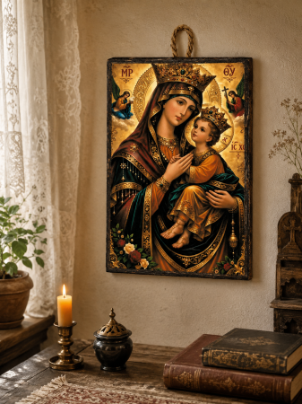 Icoană Maica Domnului – Împărăteasa Cerurilor, cu Pruncul Iisus, 15 x 20 cm, Litografiată și Finisată Manual pe Lemn, Hand Made [3]
