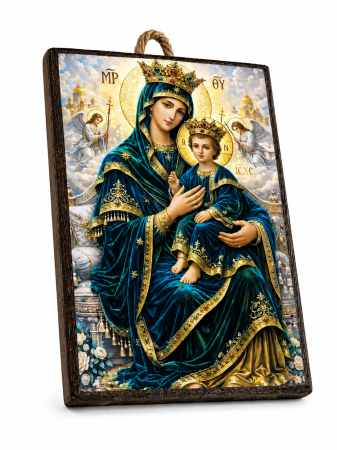 Icoană Maica Domnului – Împărăteasa Cerurilor, cu Pruncul Iisus, 15 x 20 cm, Litografiată și Finisată Manual pe Lemn, Hand Made [1]