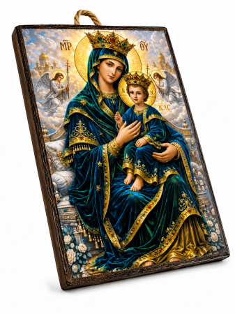 Icoană Maica Domnului – Împărăteasa Cerurilor, cu Pruncul Iisus, 15 x 20 cm, Litografiată și Finisată Manual pe Lemn, Hand Made [3]