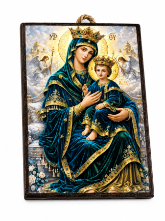 Icoane Maica Domnului - Icoană Maica Domnului – Împărăteasa Cerurilor, cu Pruncul Iisus, 15 x 20 cm, Litografiată și Finisată Manual pe Lemn, Hand Made