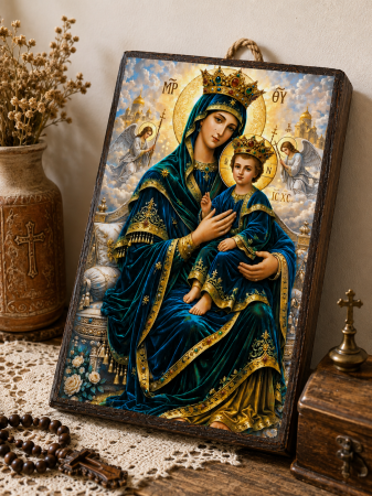 Icoană Maica Domnului – Împărăteasa Cerurilor, cu Pruncul Iisus, 15 x 20 cm, Litografiată și Finisată Manual pe Lemn, Hand Made [5]