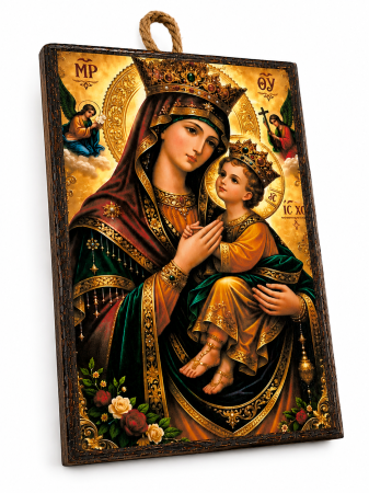 Icoană Maica Domnului – Împărăteasa Cerurilor, cu Pruncul Iisus, 15 x 20 cm, Litografiată și Finisată Manual pe Lemn, Hand Made [1]