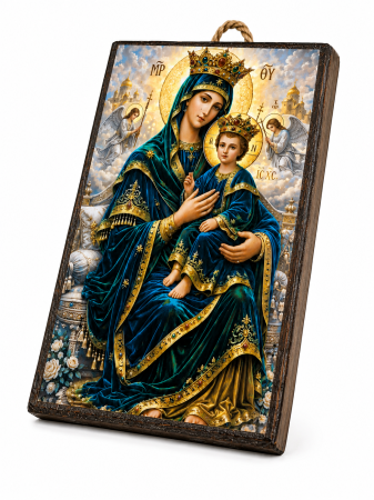 Icoană Maica Domnului – Împărăteasa Cerurilor, cu Pruncul Iisus, 15 x 20 cm, Litografiată și Finisată Manual pe Lemn, Hand Made [2]