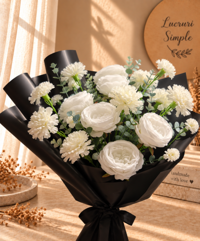 Funerar - Buchet funerar cu trandafiri și garoafe albe – Liniște Asurzitoare