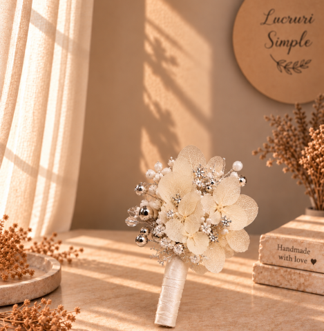 Cocarde si Bratari florale - Cocardă „Eleganță Absolută” – hortensie criogenată