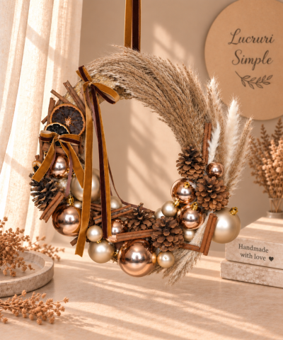 Acasa de Craciun - Coroniță de Crăciun cu pampas și decorațiuni champagne