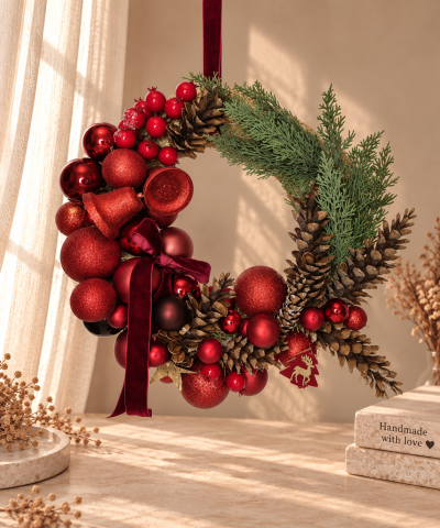Acasa de Craciun - Coroniță decorativă de Crăciun roșie cu globuri