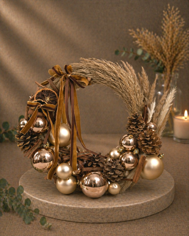 Acasa de Craciun - Coroniță decorativă - natur, pampas și accente champagne