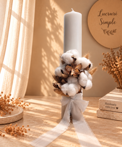 Botez - Lumânare botez cu bumbac natural și lagurus – Puritate de Bumbac