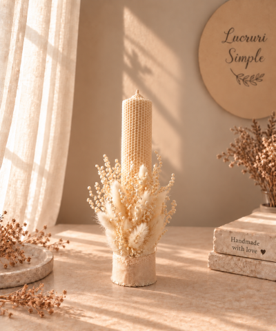 Lumânări de botez - Lumânare de botez cu flori crem și elemente naturale – „Puritate Sublimă”