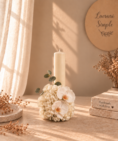 Lumânări de botez - Lumânare de botez cu Hortensie "Senin Alb"