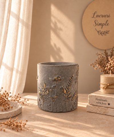 Decoratiuni pentru casa - Lumânare parfumată în vas din beton „Florile copilăriei”