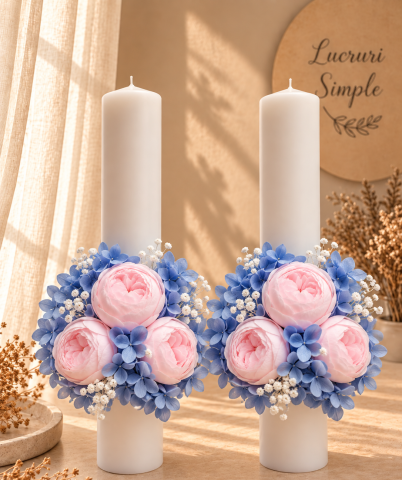 Nuntă - Lumânări cununie cu flori criogenate – Baby Blue