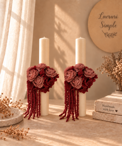 Lumânări de nuntă - Lumânări de nuntă cu flori burgundy – „Promisiune Intensă”