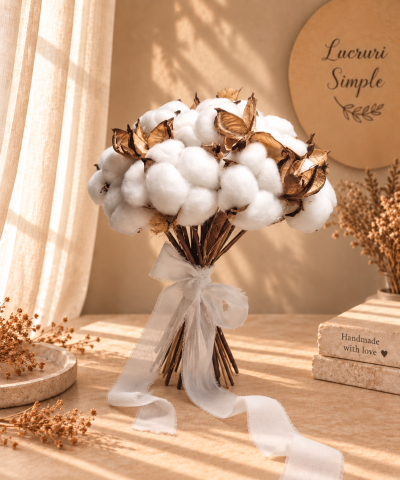 Buchete mireasă și nașă - Promisiune de Bumbac – Buchet de mireasă cu flori naturale de bumbac și lagurus