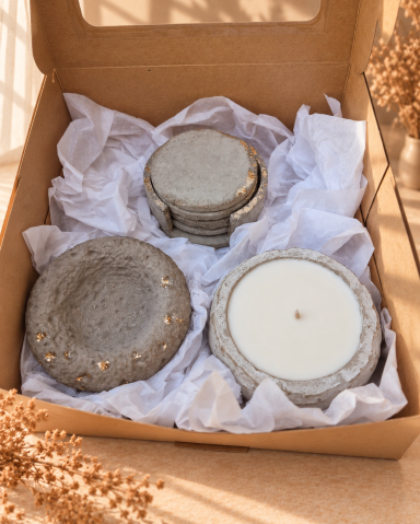 Decoratiuni pentru casa - Set cadou cu lumânare parfumată și accesorii din beton – Ritual Acasă