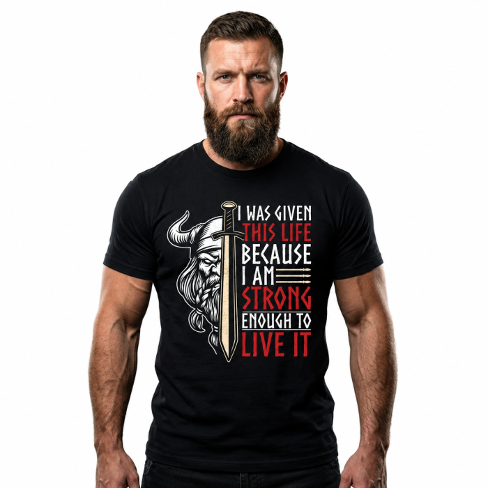 Tricou Personalizat pentru Barbati/ Model Viking "I Am Strong Enough", Bumbac 100%, Negru, Marimea M (Toate Marimile Disponibile S-XXL) [2]