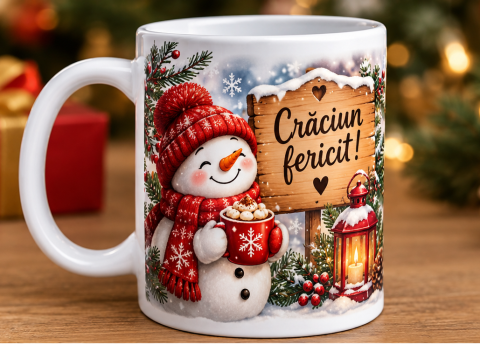 Cani personalizate cu poze si mesaje - ană personalizată de Crăciun cu om de zăpadă și mesaj Crăciun fericit