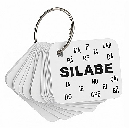 Cartonașe pe inel - Set 72 Cartonașe Educative cu Silabe - Învățăm Să Citim, 6x7 cm, Carton Plastifiat, cu Inel Metalic