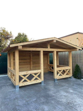 Gradina & Exterior - Foisor Premium Lemn Masiv 3X4M Model cu Balustradă în „X”