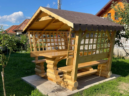 Gradina & Exterior - Foisor Rustic 8 Persoane Gard Ornamental Acoperis Sindrila Bituminoasa