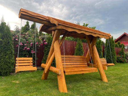 Gradina & Exterior - Leagan Rustic Lemn Masiv 2 Extensii Acoperis Lemn