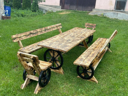 Terasa & Interior - Set Masa Rustic 2,5 Metri cu Banci 2,5 Metri si Scaune