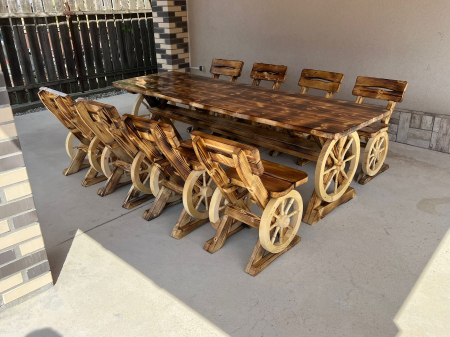 Set Masa & Scaune/Banci - Set Masa Rustic 2 Metri cu 8 Scaune