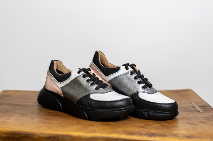 Sneakers Glam Multicolor – Piele Naturală Argintie, Roz și Neagră [2]