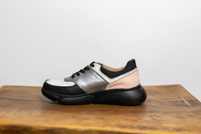 Sneakers Glam Multicolor – Piele Naturală Argintie, Roz și Neagră [3]