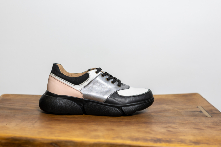 Produse - Sneakers Glam Multicolor – Piele Naturală Argintie, Roz și Neagră
