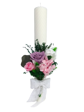 Fetițe - Lumanare Botez Ceara Naturala Albine si Trandafiri Criogenati-livrare-gratuita-atelierul-floral-infinity.