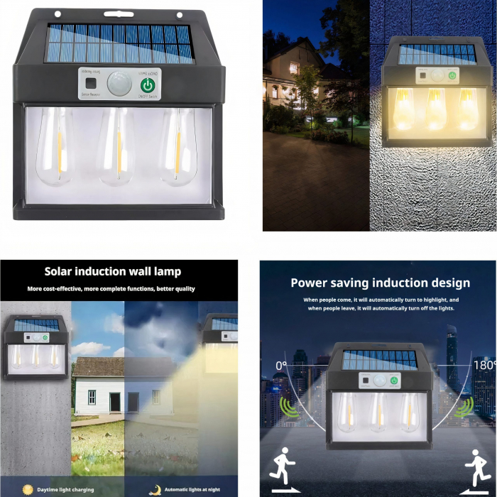 Lampa Solara Led cu Senzor de Miscare 15x16cm de Perete, cu 3 Becuri [1]