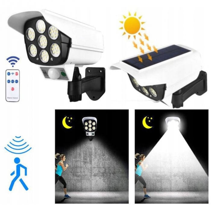 Lampă Solară LED Exterior Tip Cameră Supraveghere, 7 LED-uri, Senzor Mișcare, IP65, Telecomandă, 18x9 cm [4]