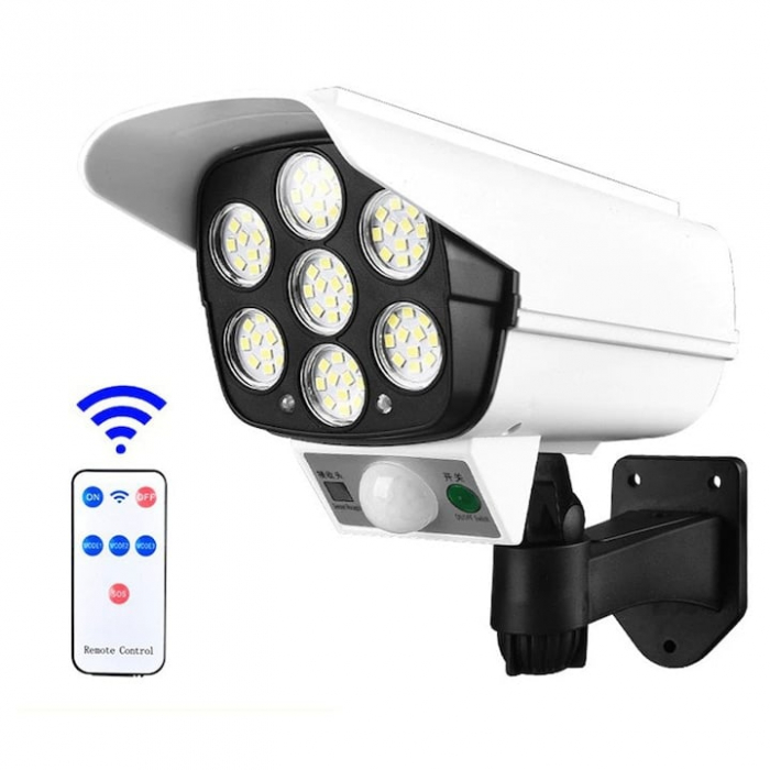 Lampă Solară LED Exterior Tip Cameră Supraveghere, 7 LED-uri, Senzor Mișcare, IP65, Telecomandă, 18x9 cm [1]