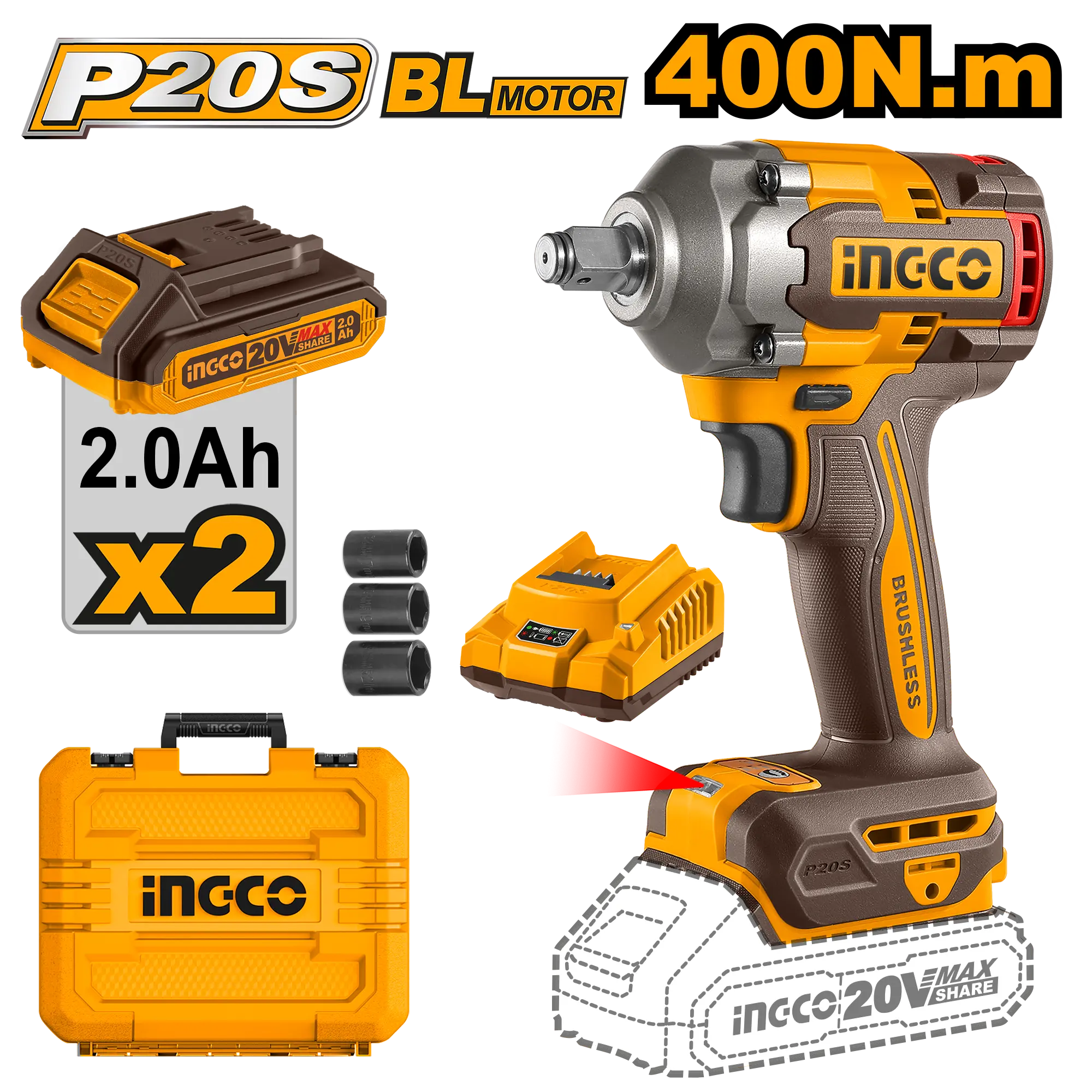 Masina de Insurubat Pistol Impact INGCO cu Impact 20V 1/2 400nm cu 2 Acumulatori [1]