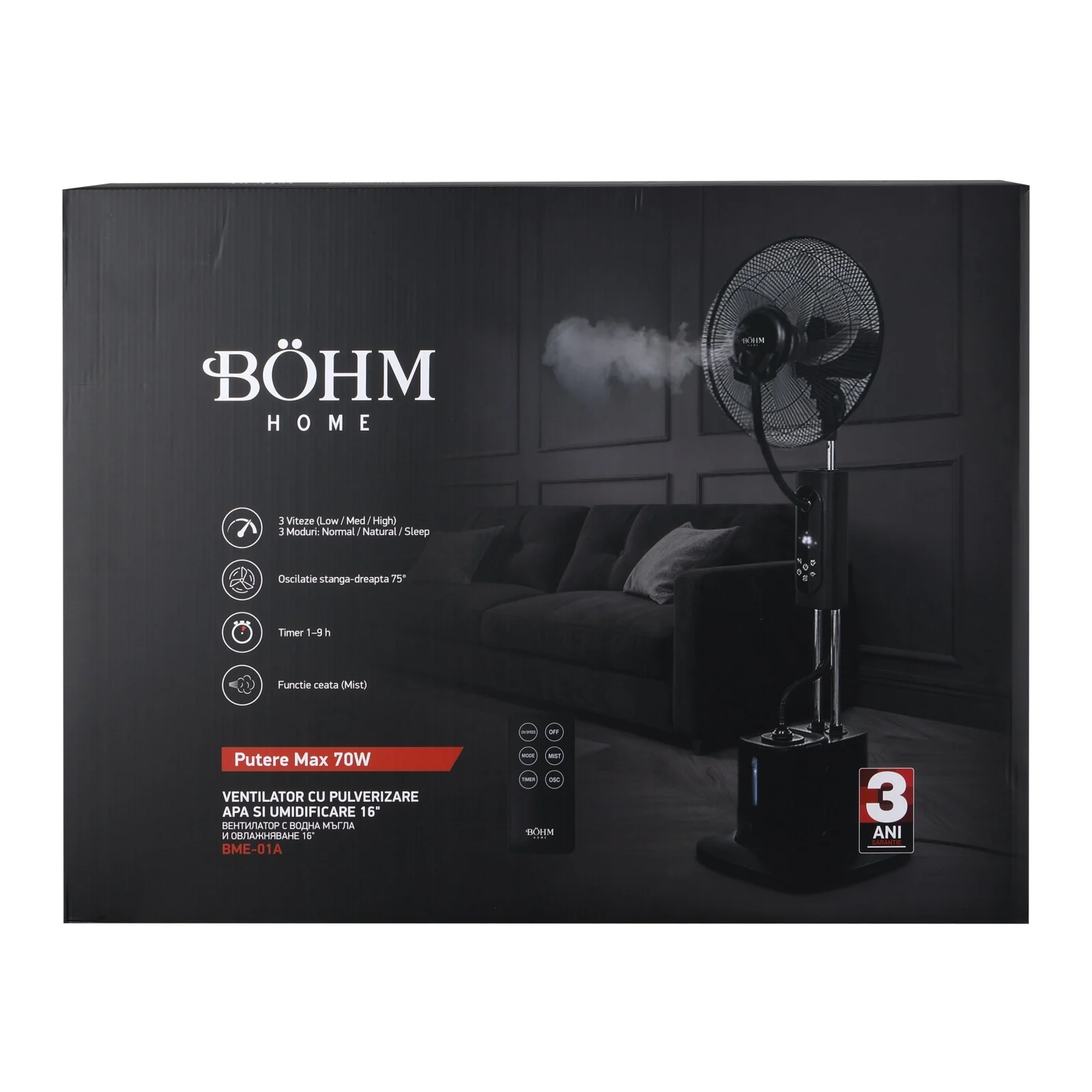 Ventilator cu pulverizare apă și umidificare 16" BÖHM BME-01A, 70W, 3 trepte de viteză, 3 moduri ventilare [8]
