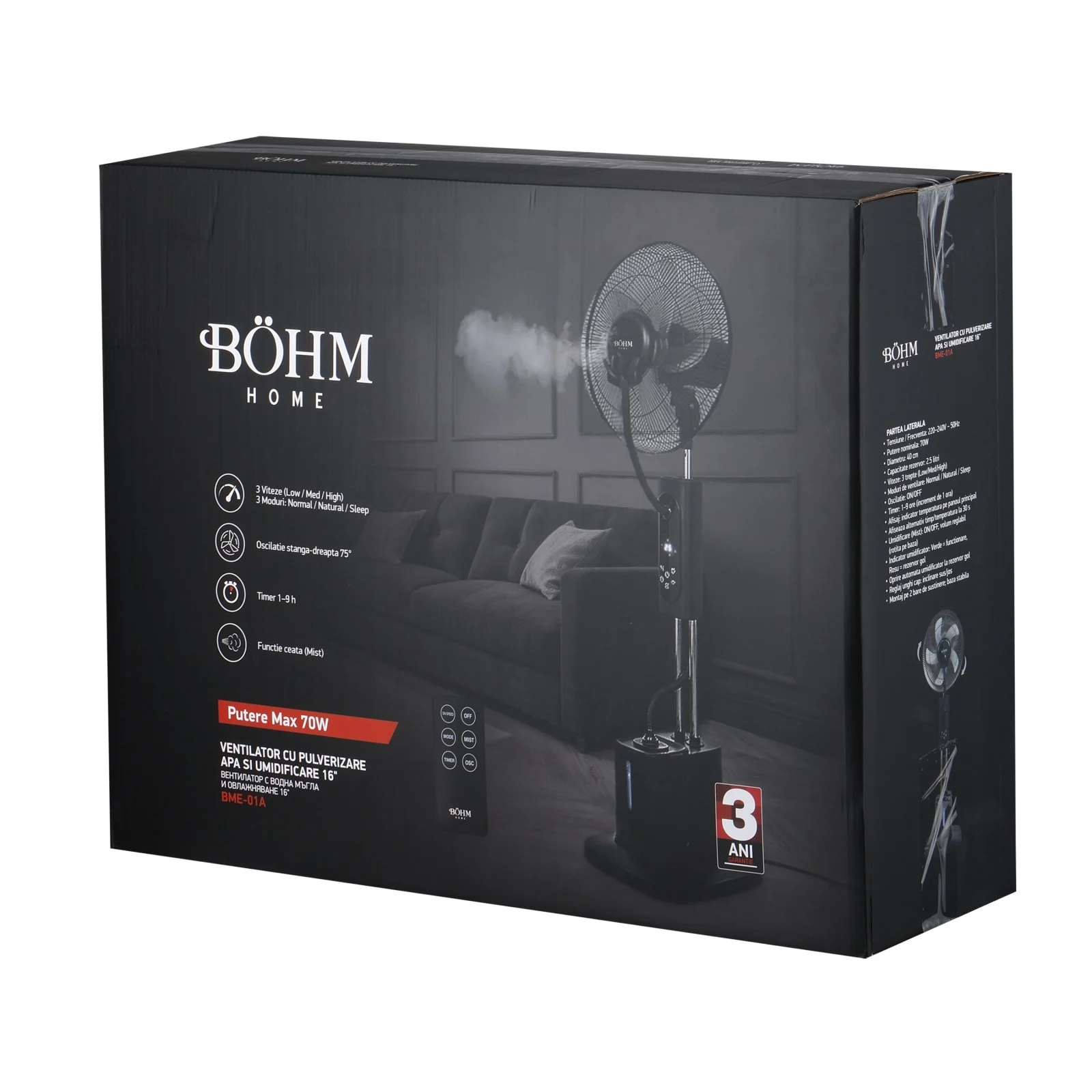 Ventilator cu pulverizare apă și umidificare 16" BÖHM BME-01A, 70W, 3 trepte de viteză, 3 moduri ventilare [6]