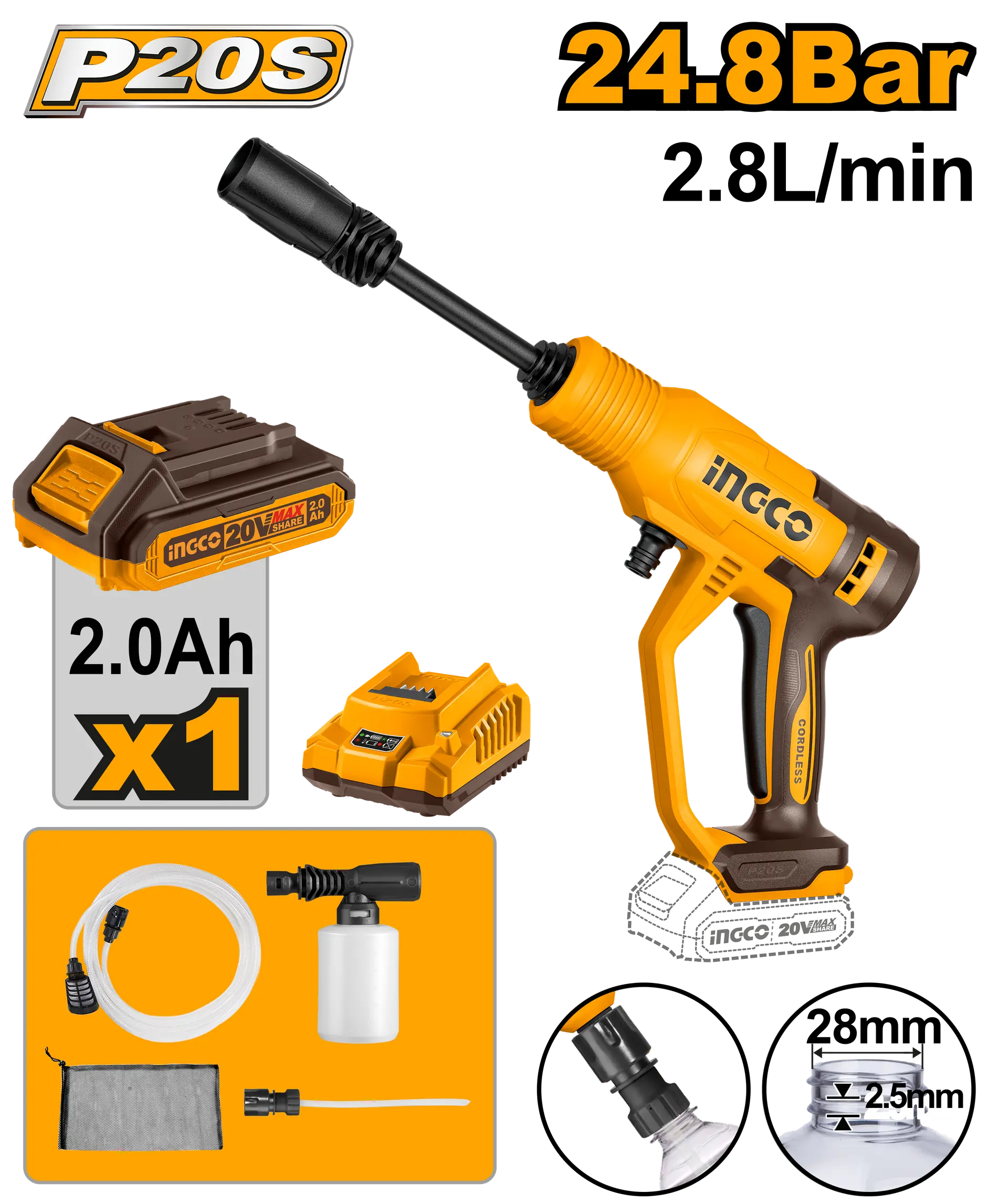 Aparate de Spalat cu Presiune - Aparat de Spalat cu presiune 20V 24.8bar pe Furtun Ingco CPWLI20362E