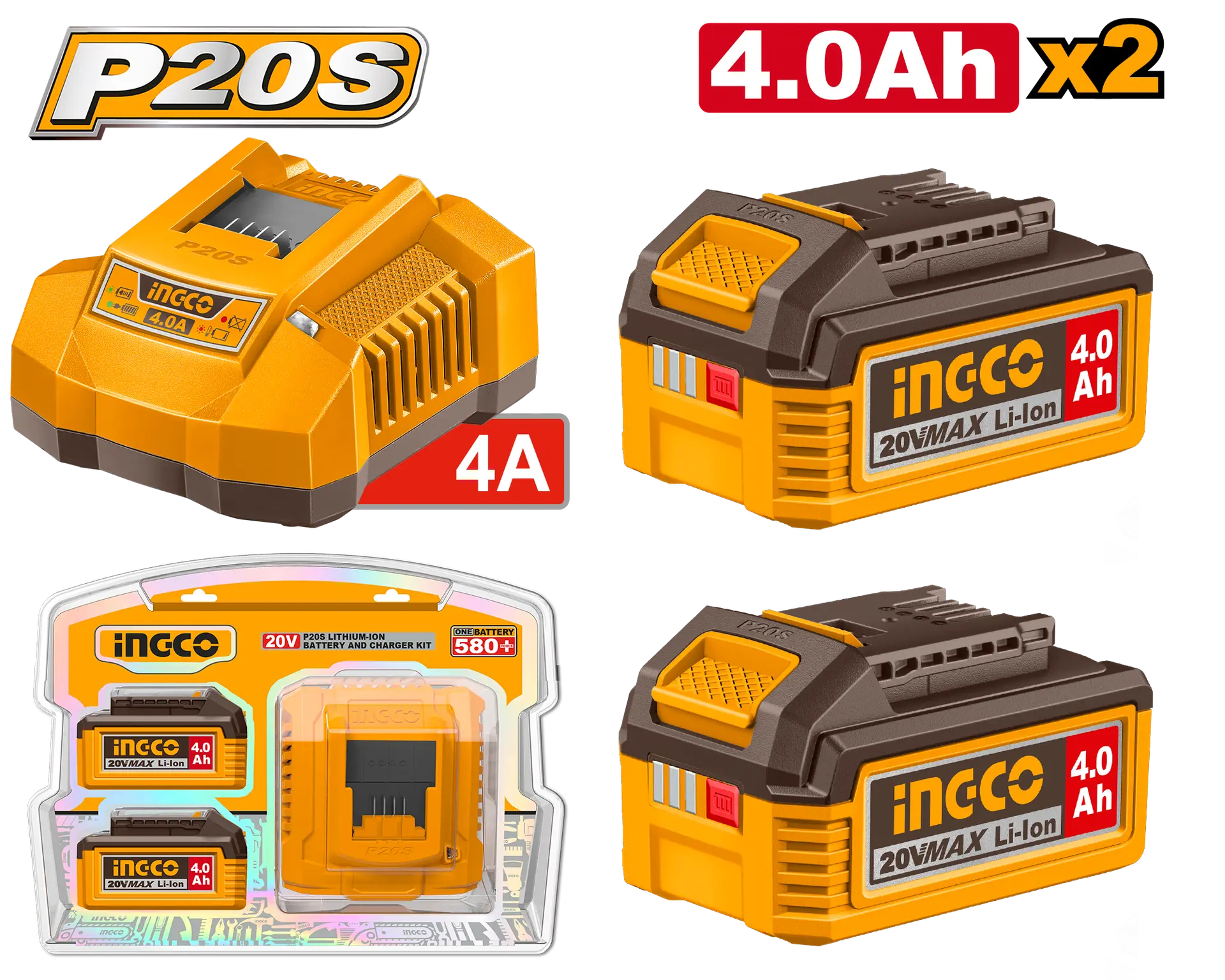 Acumulatori si Incarcatoare - Baterie (Acumulator) 20V 4Ah Set 2 buc + Incarcator INGCO FBCPK2013E