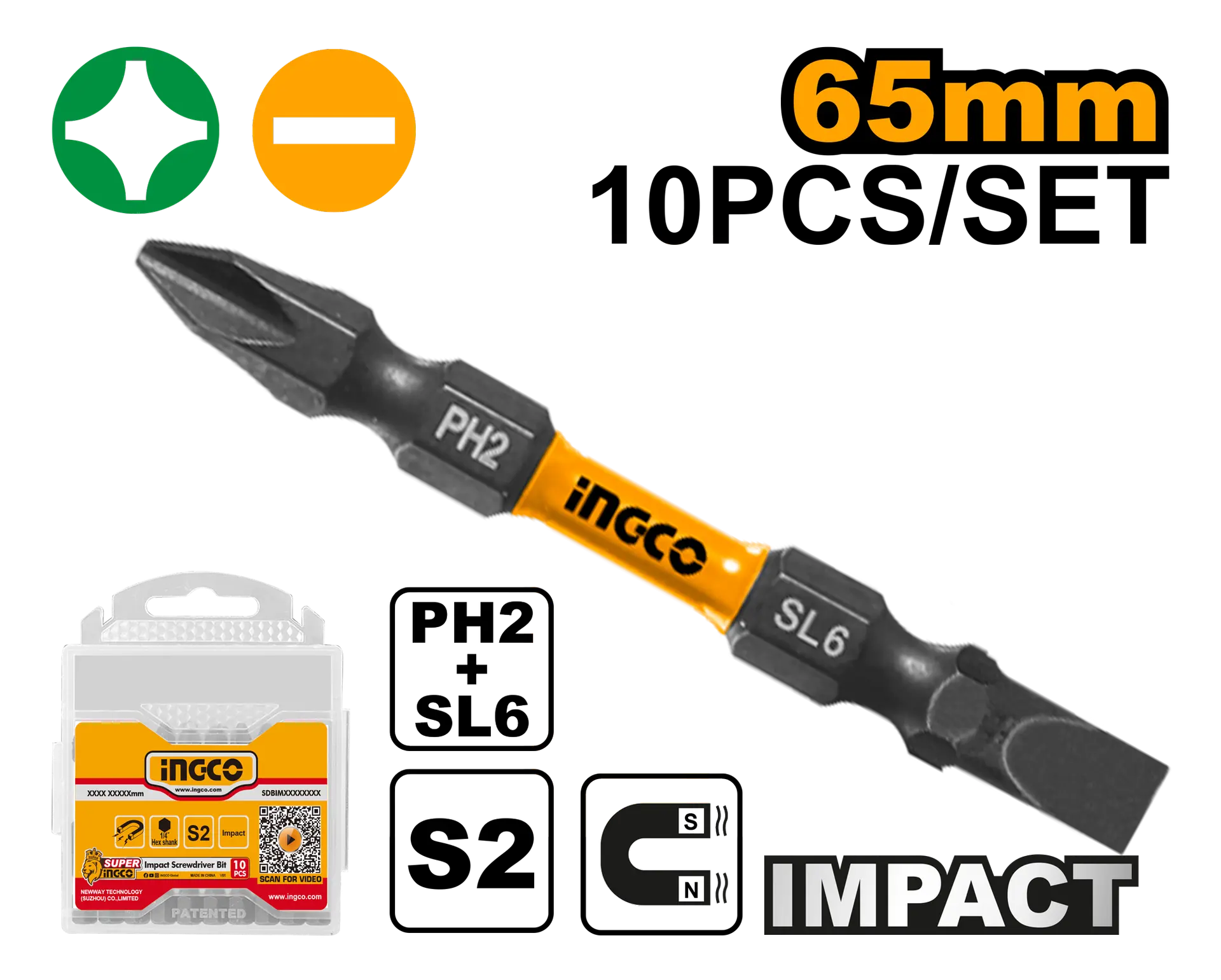 Accesorii pentru Gaurit si Insurubat - Biti Ph2 SL6 Combinat pentru Impact Set 10buc Ingco SDBIM21HL133